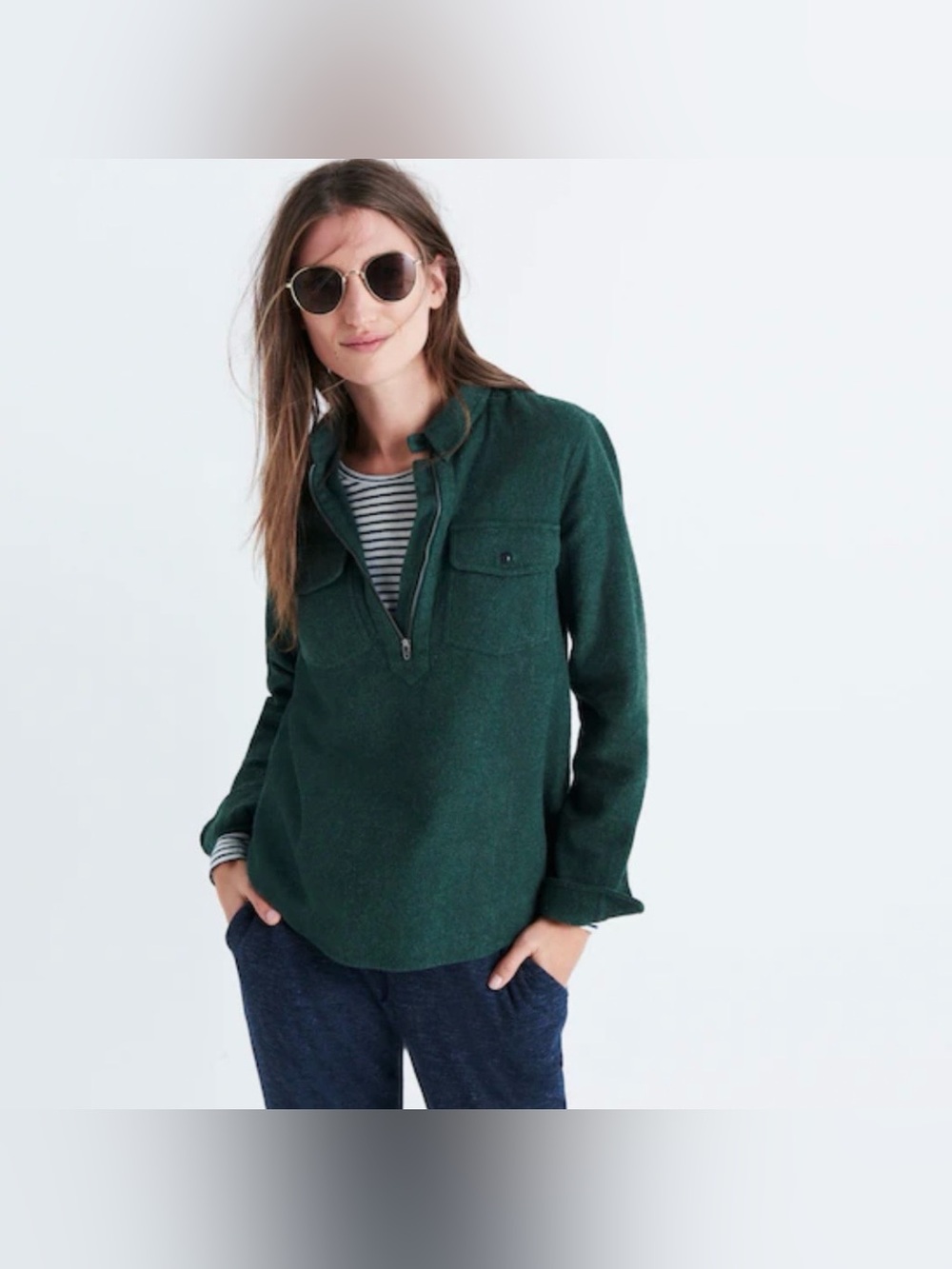 Madewell Flannel 1/2 Zip Front Popover Shirt green women small collar long sleev